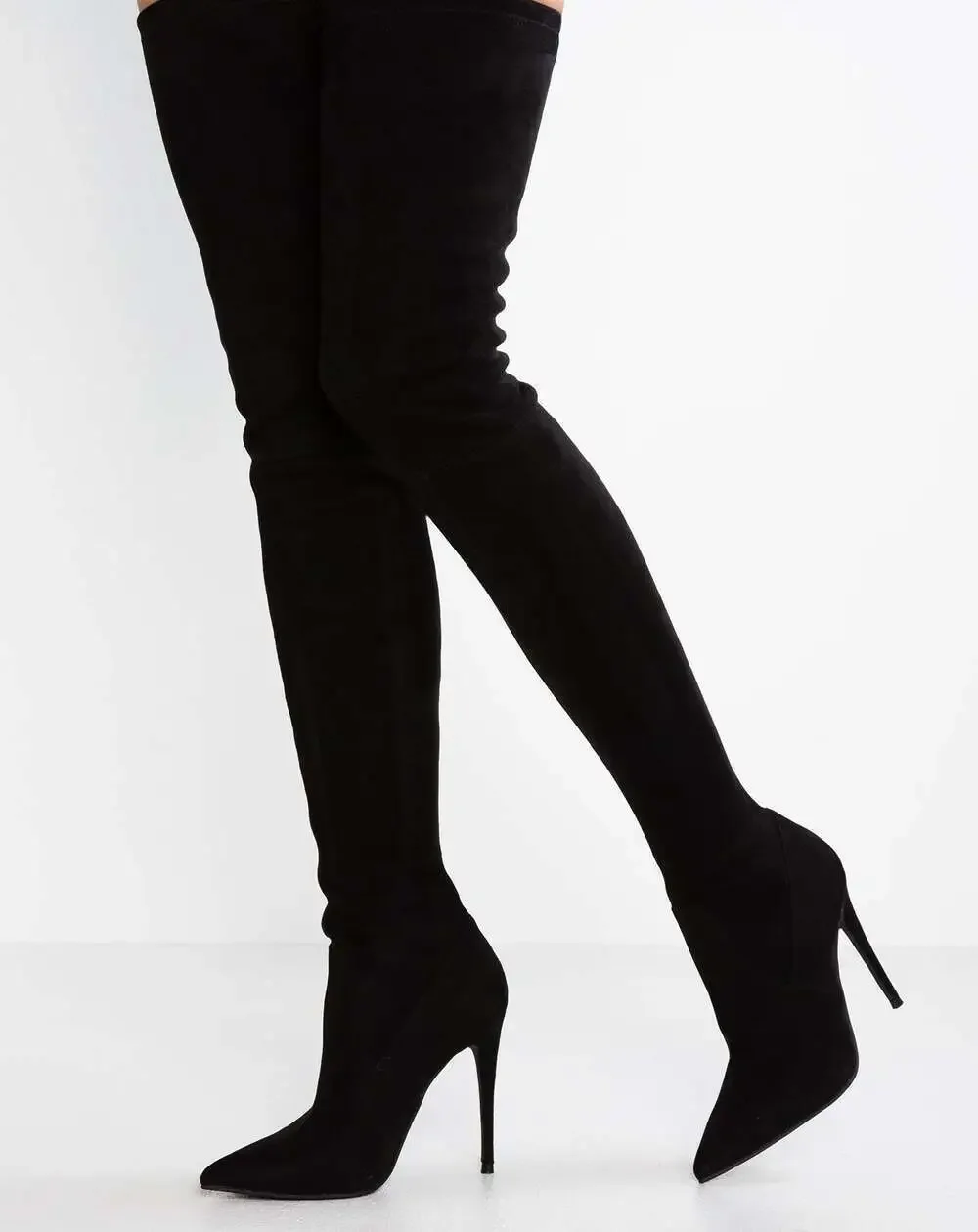 Steve Madden Dominique Black Micro Suede Thigh High Pointed Toe Stiletto Boots